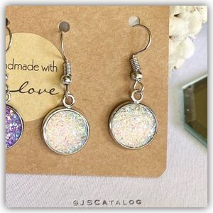 🤍 Handmade Druzy Silver Round Dangling Earrings